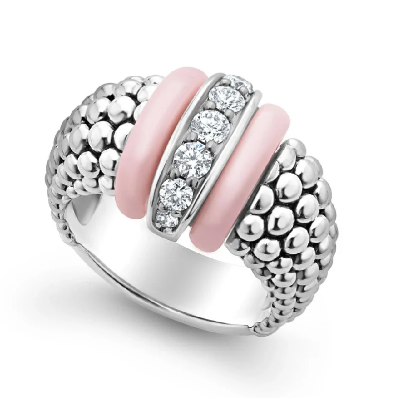 engagement rings with mixed gemstones for women -Lagos Sterling Silver Pink Caviar Diamond Station Wide Fashion Ring