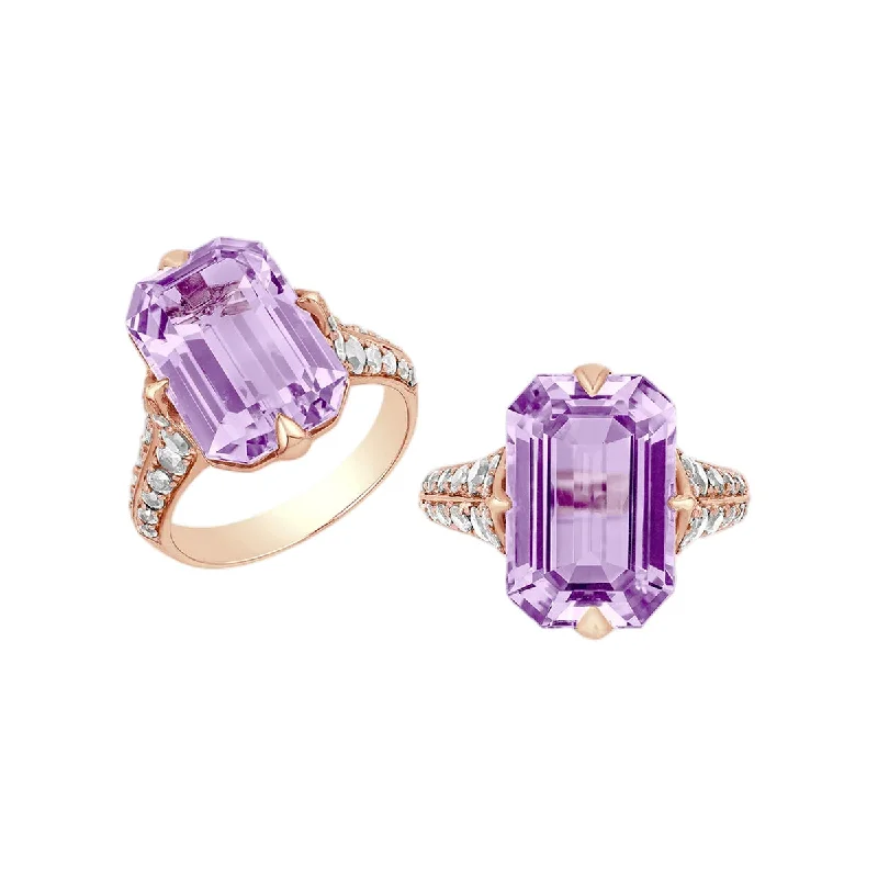 custom engagement rings for women -Goshwara Rain Forest Lavender Amethyst, Rock Crystal Diamond Emerald Cut Ring