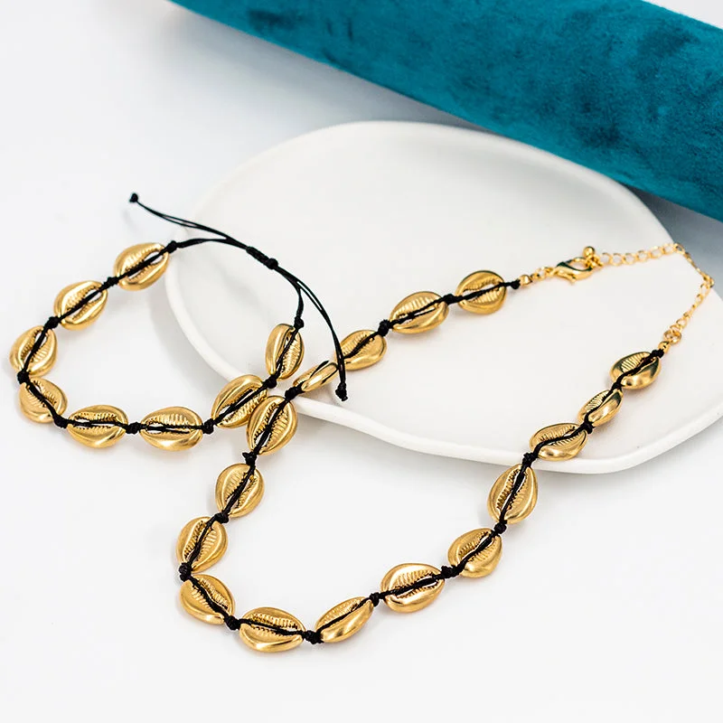 Gold Shell Necklace + Gold Shell Drawstring Bracelet