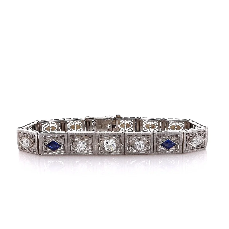 women's gold cuff bracelet -Estate 14 Karat White Gold Diamond and Synthetic Sapphire Bracelet