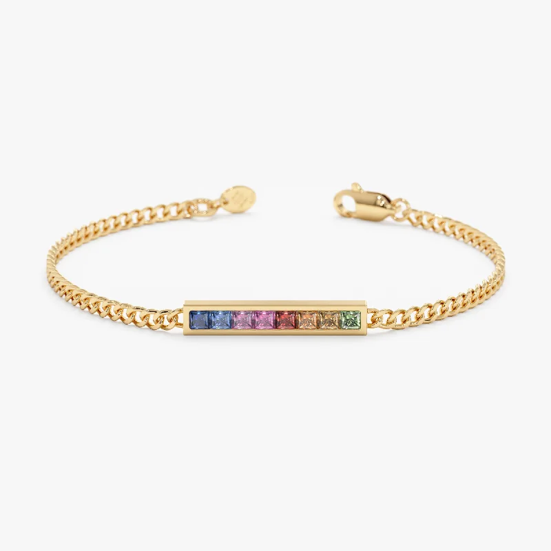 women's tennis bracelet -Rainbow Sapphire Cuban Chain Bar Bracelet, Kira