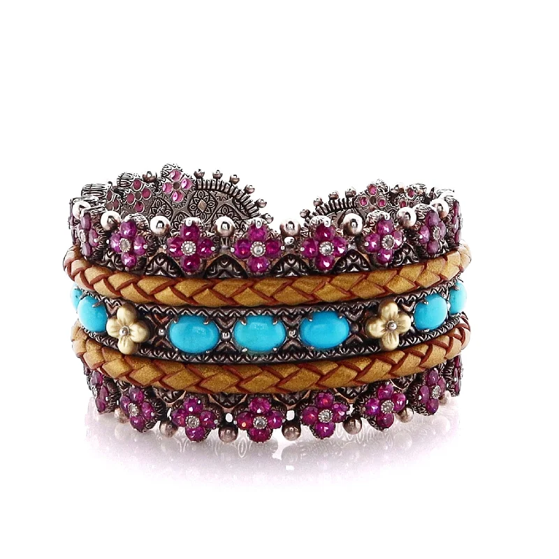 women's casual bracelet -Estate Bixby Two Tone with Leather Braid Multi-Stone Cuff Bracelet