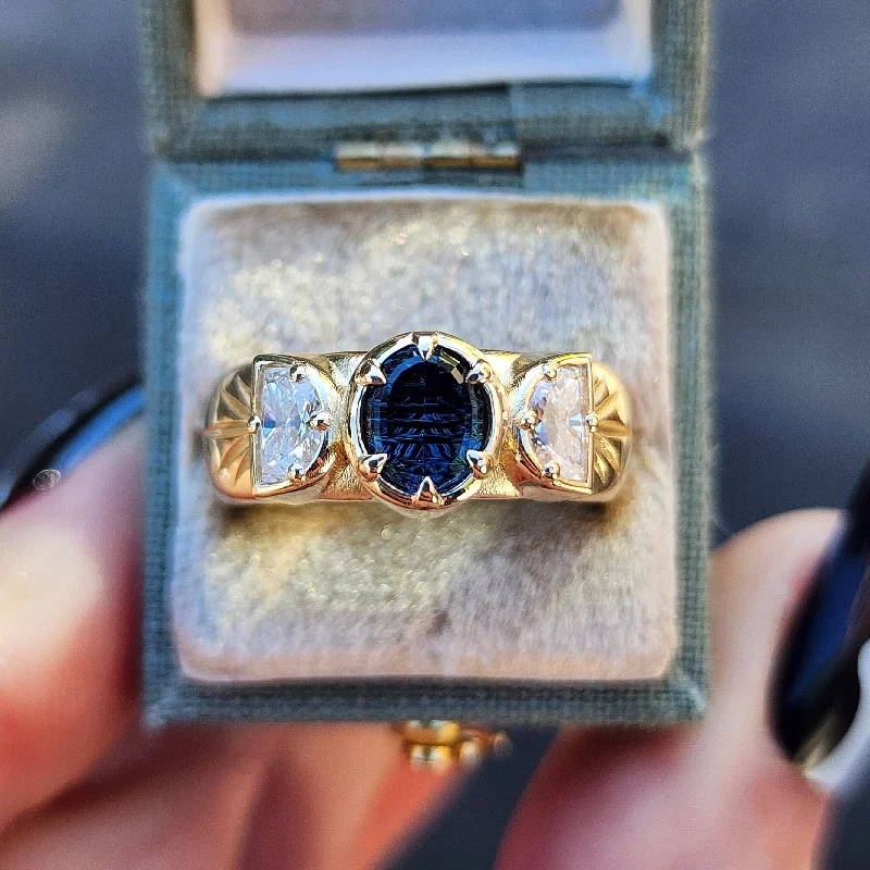 luxurious engagement rings for women -READY To SHIP Size 6-8 - Eva Witch - Teal Oval Australian Sapphire and Lab Diamond Half Moon Engraved Wide Band Ring - 14k Yellow Gold