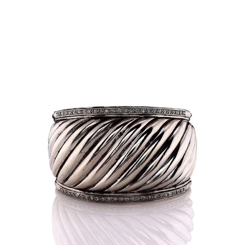 women's cuff bangle -Estate David Yurman Sterling Silver Tapered Ribbed Diamond Cuff Bracelet