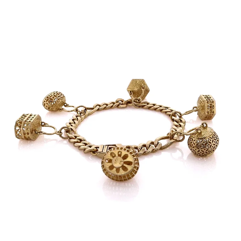 women's geometric bracelet -Estate 22 Karat Yellow Gold Figaro Chain Bracelet with Assorted Open Weave Hanging Baskets