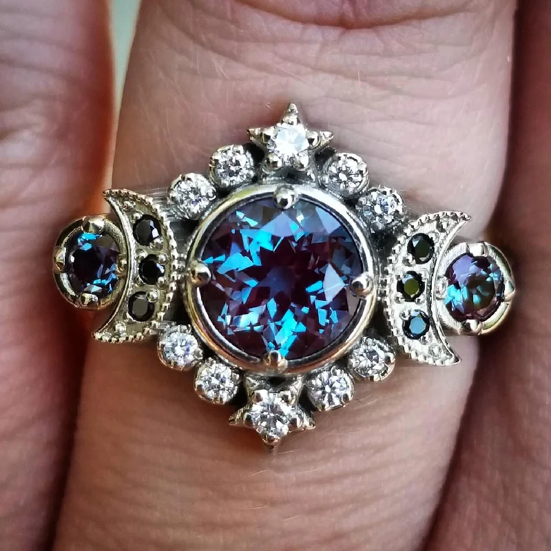 modern three-stone engagement rings for women -Selene Moon Goddess Ring - Chatham Alexandrite with Black and White Diamonds - 14k Palladium White Gold