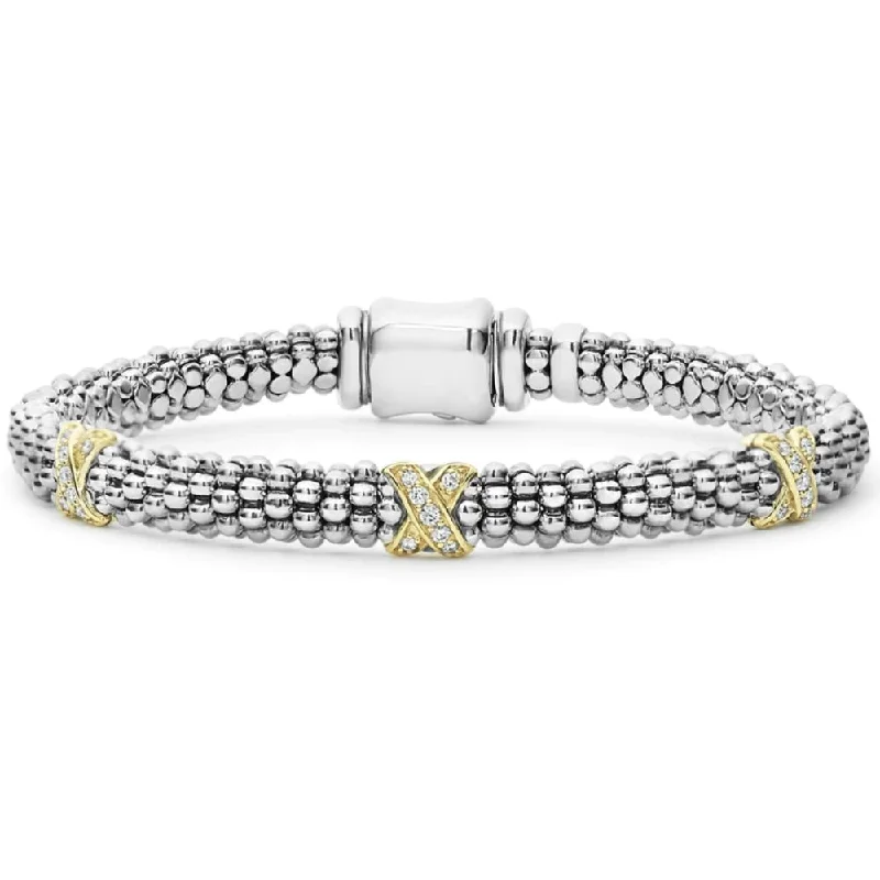 women's heart bracelet -Lagos Three Station Gold X Diamond Caviar Bracelet