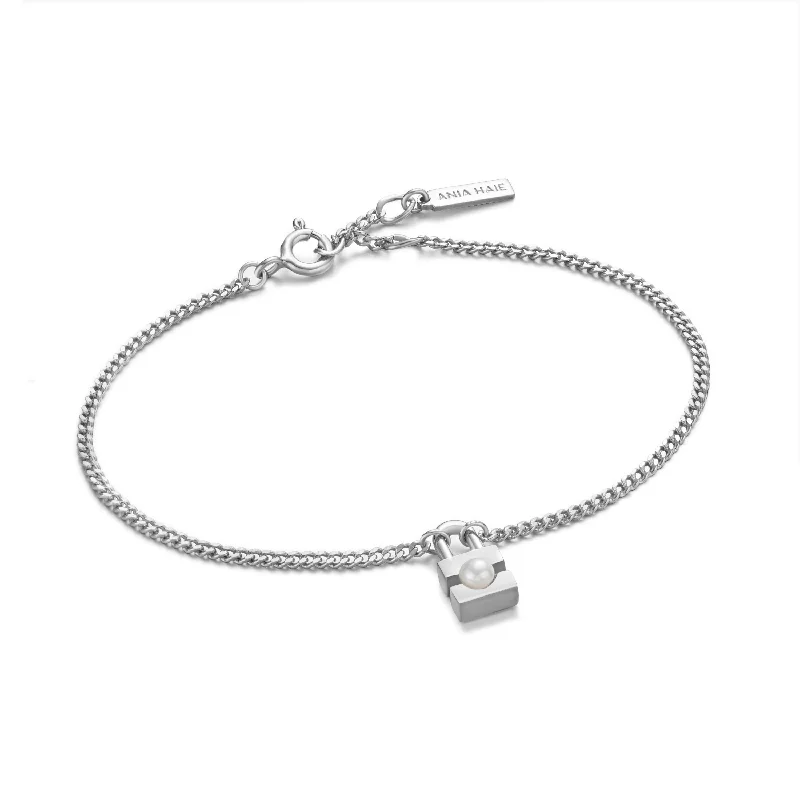 women's diamond cuff bracelet -Silver Pearl Padlock Bracelet