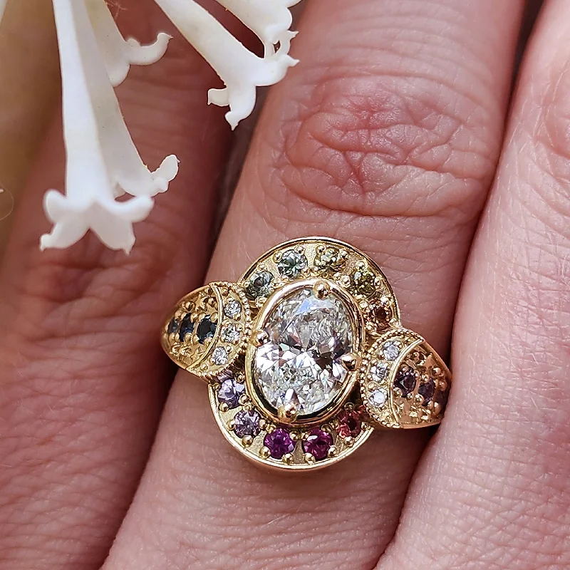 unique three-stone engagement rings for women -Spectrum Moon Ring with Lab Diamond Oval Natural Rainbow Sapphire Halo and Gold Stardust - Modern Bohemian Eclectic Celestial Engagemet Ring - Pick your Lab Diamond or Moissanite Center Stone