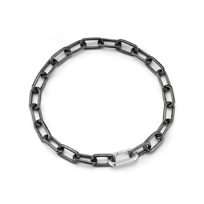 women's statement bangle bracelet -SAXON BLACK RHODIUM LINK BRACELET WITH ELONGATED STERLING SILVER SPRING LOADED CLASP