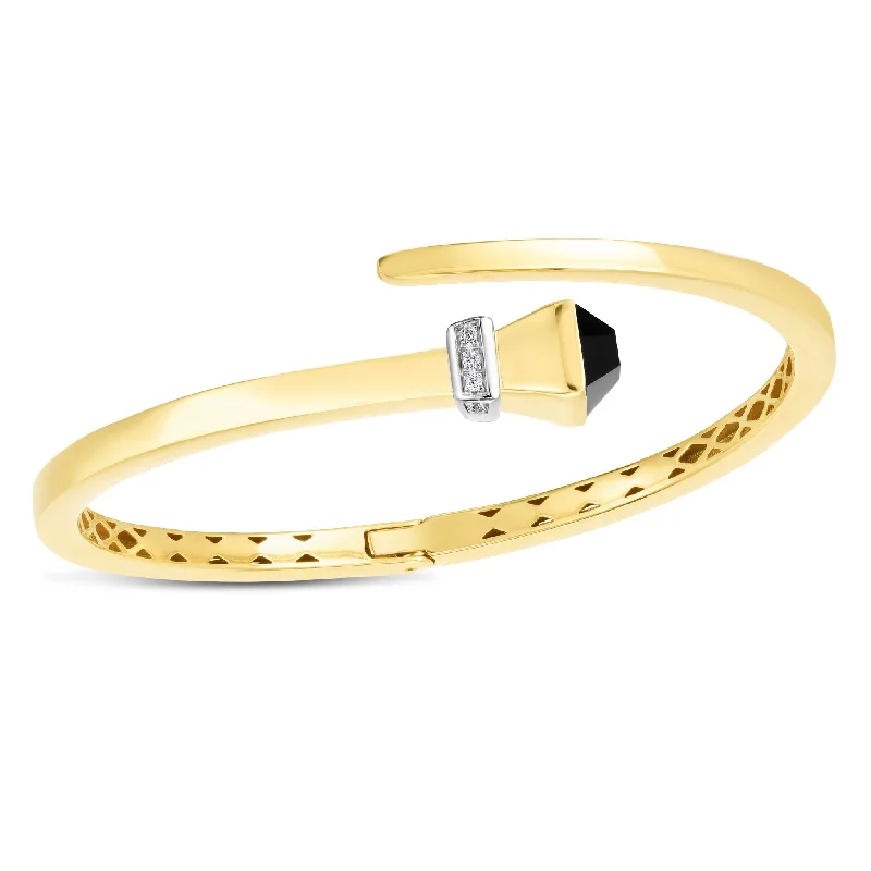 women's statement bracelet -14k Yellow Gold Onyx and Diamond Wrap Hardware Bangle Bracelet