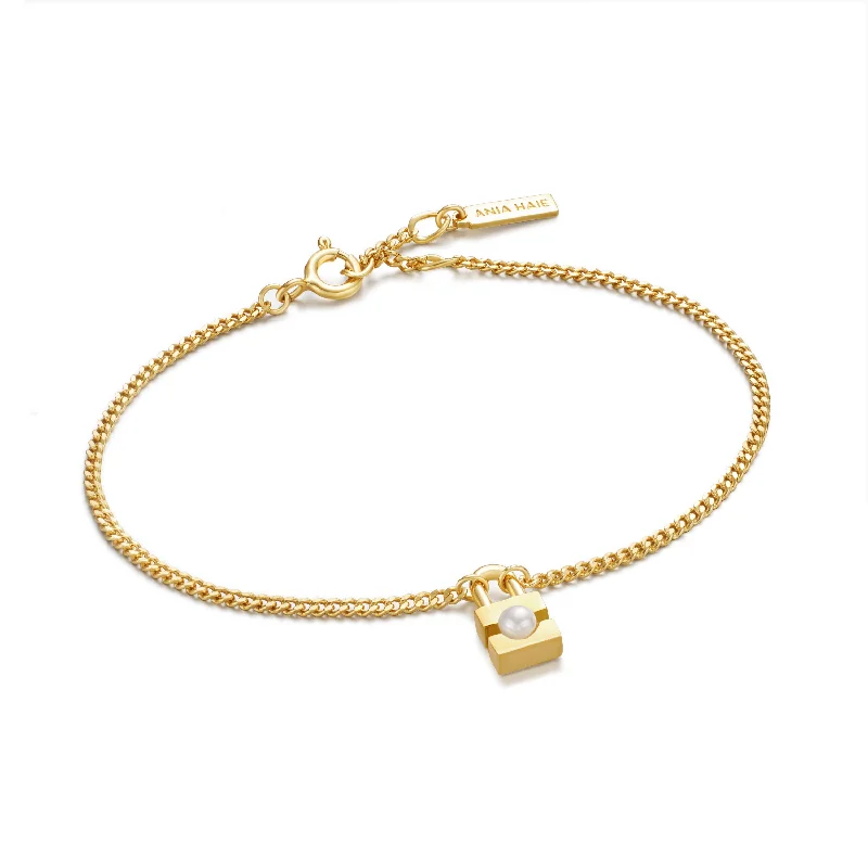 women's silver cuff bracelet -Gold Pearl Padlock Bracelet