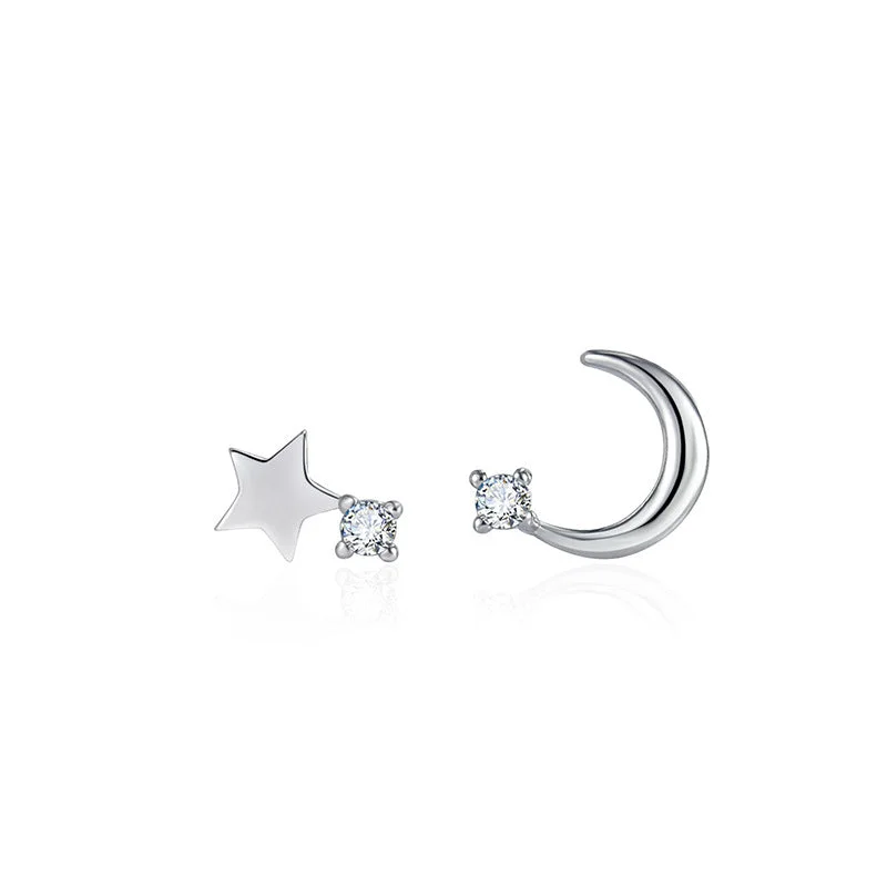 Star and Moon Stud Earring [White Gold Color]]