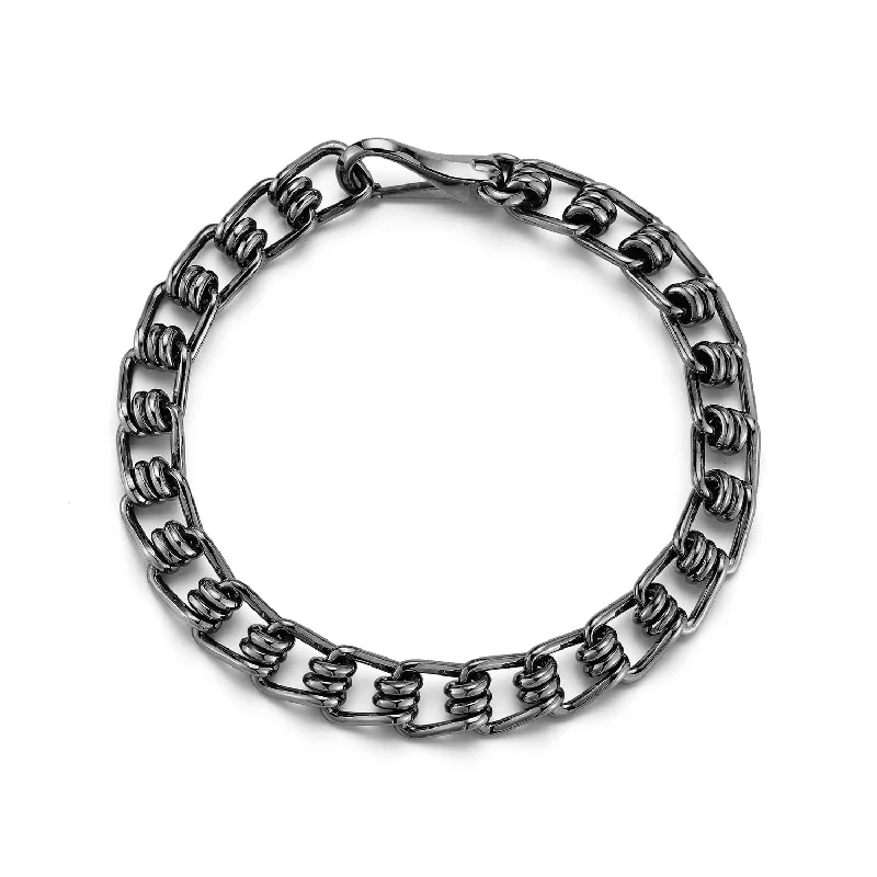 women's geometric bracelet -HUXLEY BLACK STERLING SILVER AND BLACK RHODIUM COIL LINK BRACELET